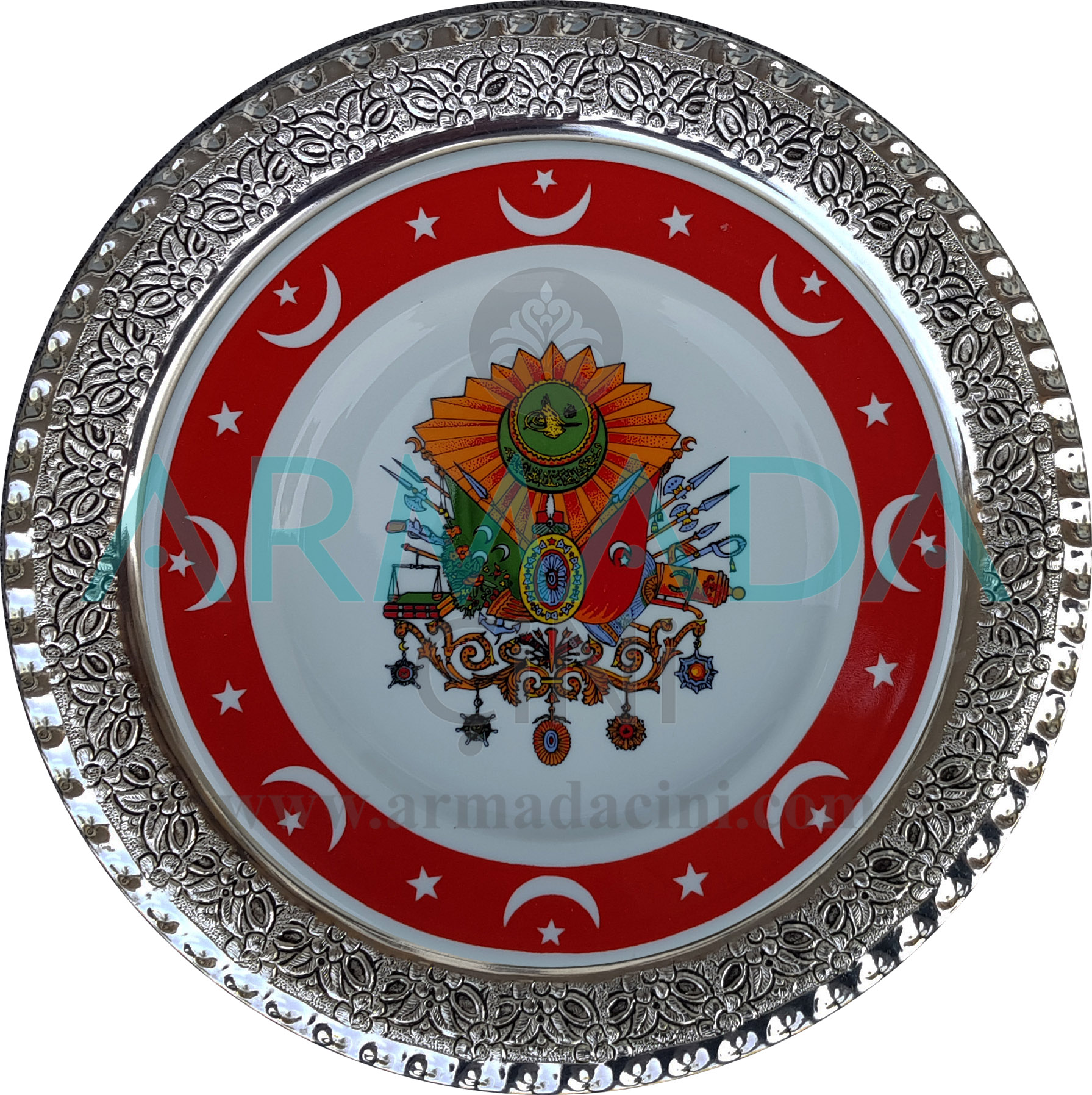 Osmanlı Armalı PRT 29 Porselen Gümüş Çerçeveli Tabak