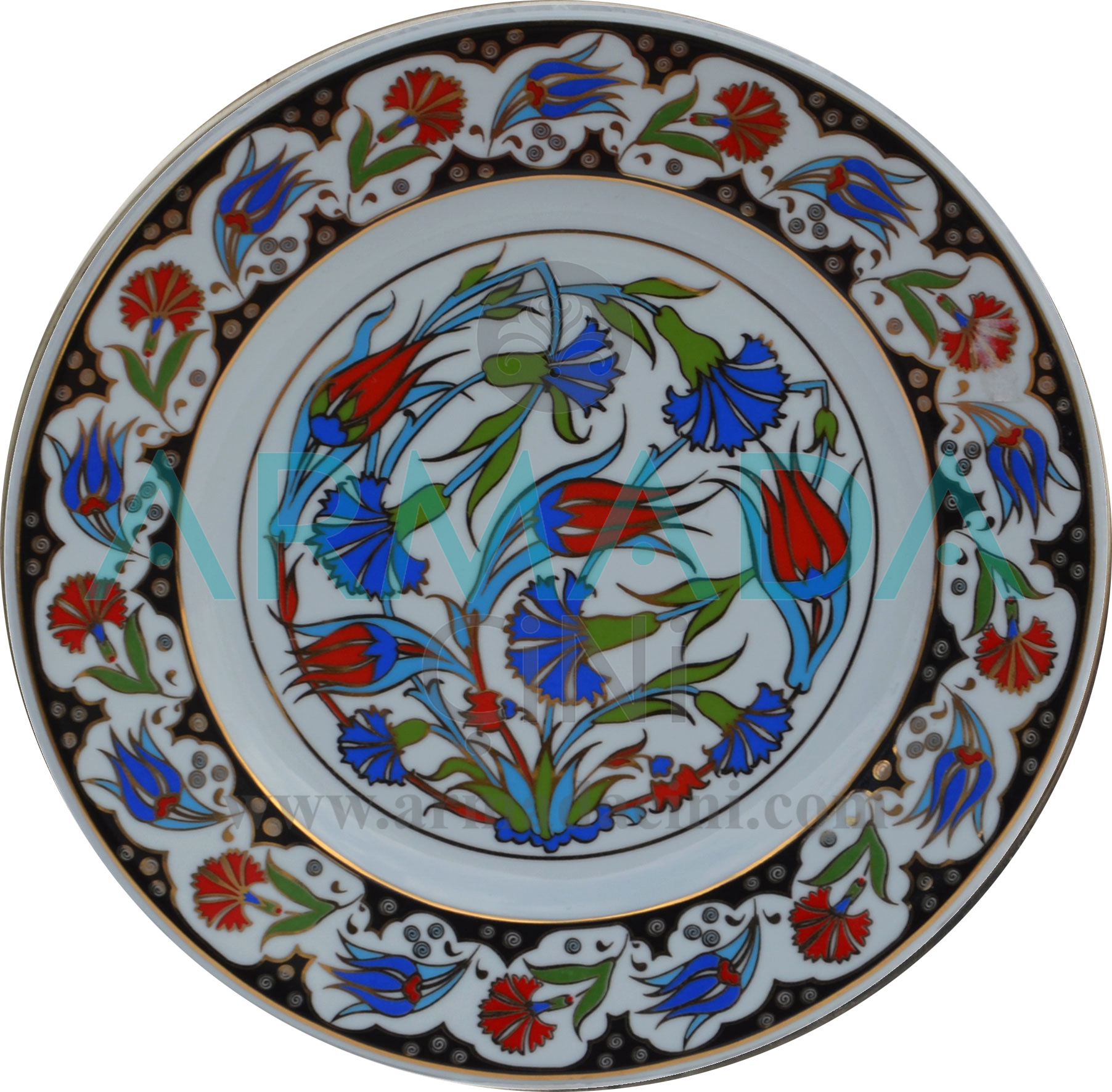 Armada Çini PRT 31 25 Cm Siyah Altın Yaldızlı Lale karanfil Çini Desenli Porselen Tabak