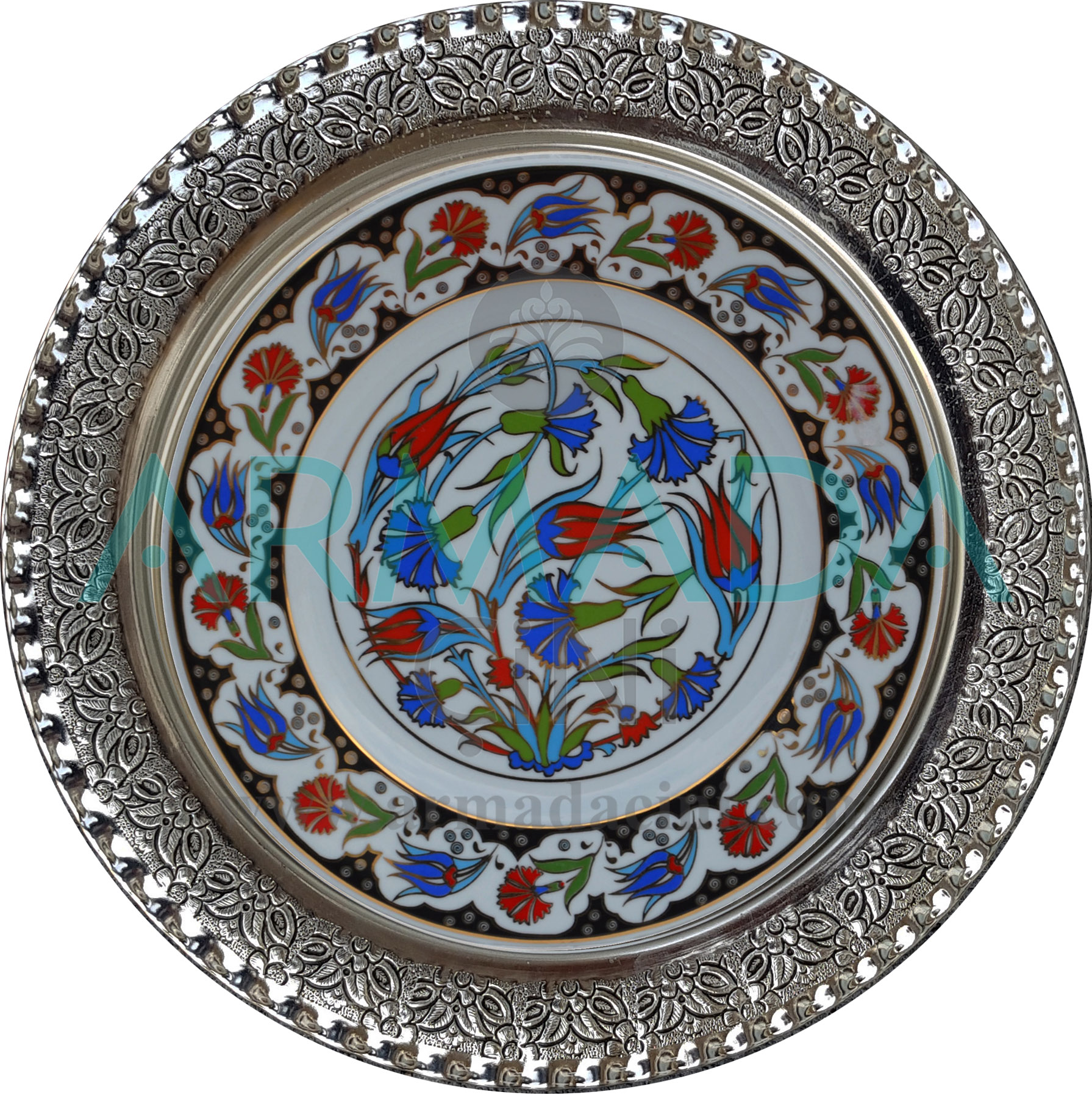 Armada Çini PRT 32 25 Cm Siyah Altın Yaldızlı Lale karanfil Çini Desenli Gümüş Çerçeveli Porselen Tabak