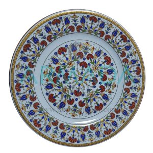 Armada Çini PRT 34 25 Cm Sarı Altın Yaldızlı Lale karanfil Desenli Porselen Çini Tabak