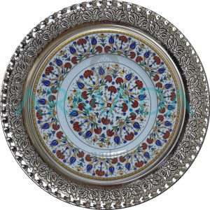 Armada Çini PRT 35 25 Cm Sarı Altın Yaldızlı Lale karanfil Desenli Gümüş Çerçeveli Porselen Çini Tabak