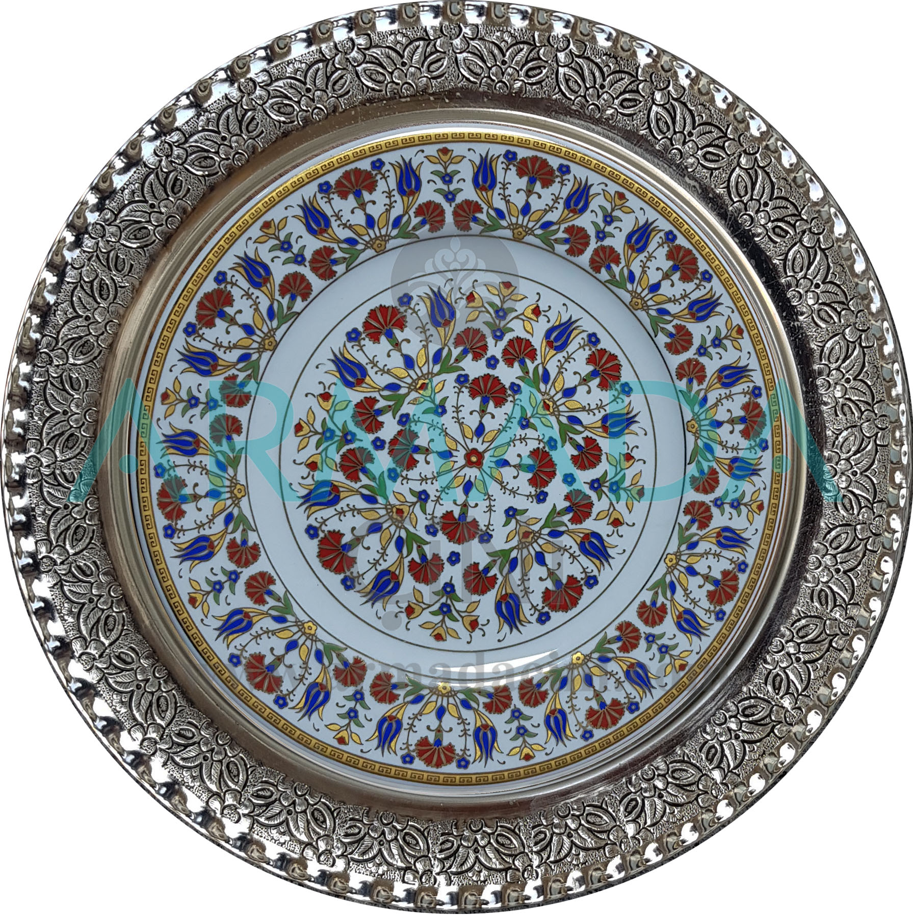 Armada Çini PRT 35 25 Cm Sarı Altın Yaldızlı Lale karanfil Desenli Gümüş Çerçeveli Porselen Çini Tabak