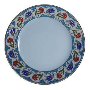 Kaligrafi Porselen Çini Tabak PRT 59 Turkuaz Lale Desenli