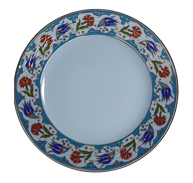 Kaligrafi Porselen Çini Tabak PRT 59 Turkuaz Lale Desenli