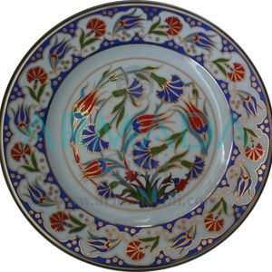 Armada Çini PRT 46 25 Cm Mavi Altın Yaldızlı Lale karanfil Desenli Porselen Çini Tabak