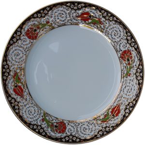 Kaligrafi Tabağı Porselen Çini PRT 52 Siyah Lale Desenli