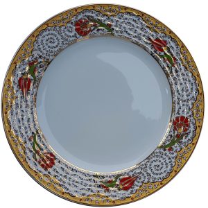 Kaligrafi Tabağı Porselen Çini PRT 53 Sarı Lale Desenli