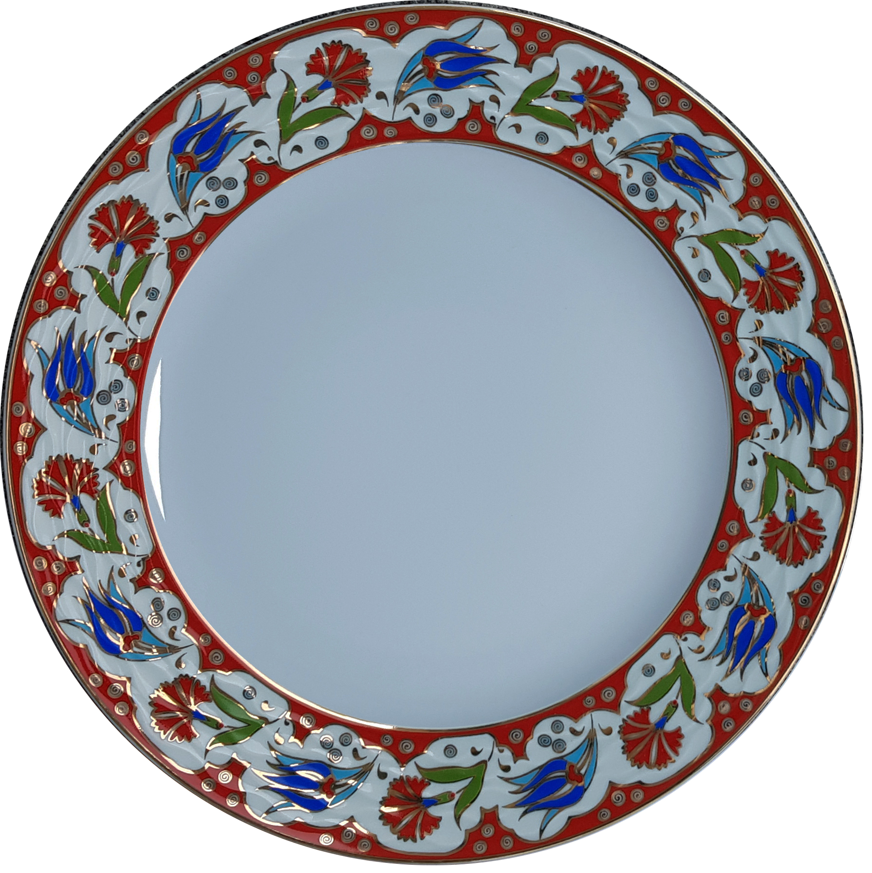 Kaligrafi Porselen Çini Tabak PRT 58 Kırmızı Lale Desenli