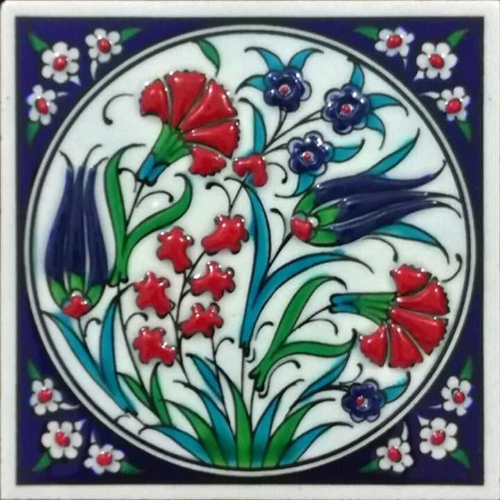 10x10 Cm ED 101  Lale Karanfil İznik Eldekoru Çini Pano