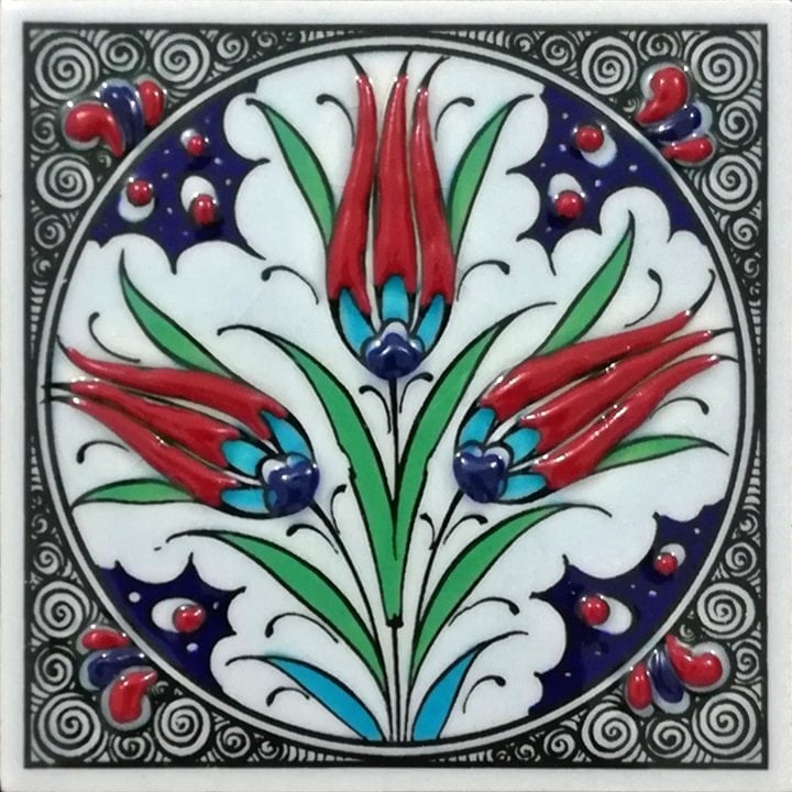 10x10 Cm ED 103  Üçlü Lale Eldekoru Kütahya Çini Pano