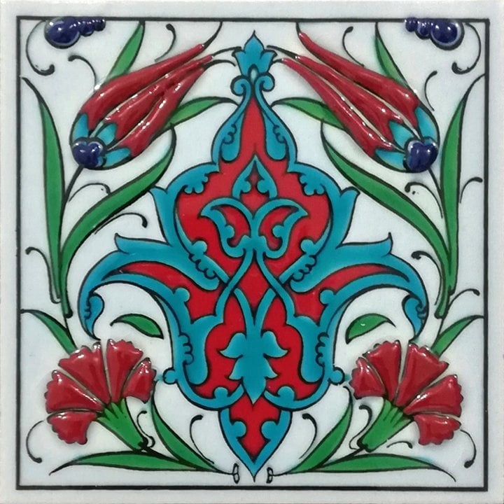10x10 Cm ED 107  İkili Lale Karanfil Kütahya Çini Pano