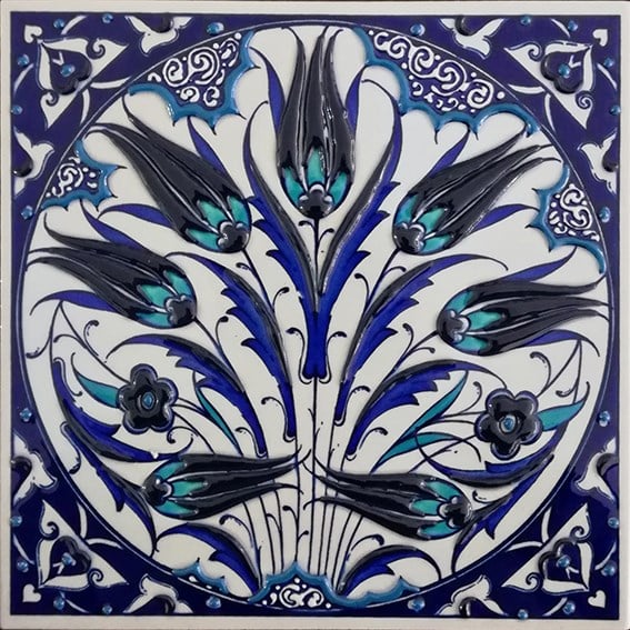20x20 Cm ED 367 Lale Karanfil Kobalt Desenli Eldekoru Çini karo