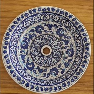 Kobalt Şakayık Desenli El Yapımı Tezgah Üstü Çini Lavabo