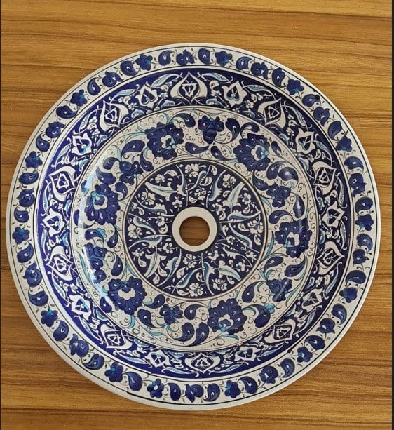 Kobalt Şakayık Desenli El Yapımı Tezgah Üstü Çini Lavabo