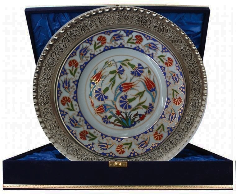 PRT 47 25 Cm Mavi Altın Yaldızlı Lale karanfil Desenli Gümüş Çerçeveli Porselen Çini Tabak