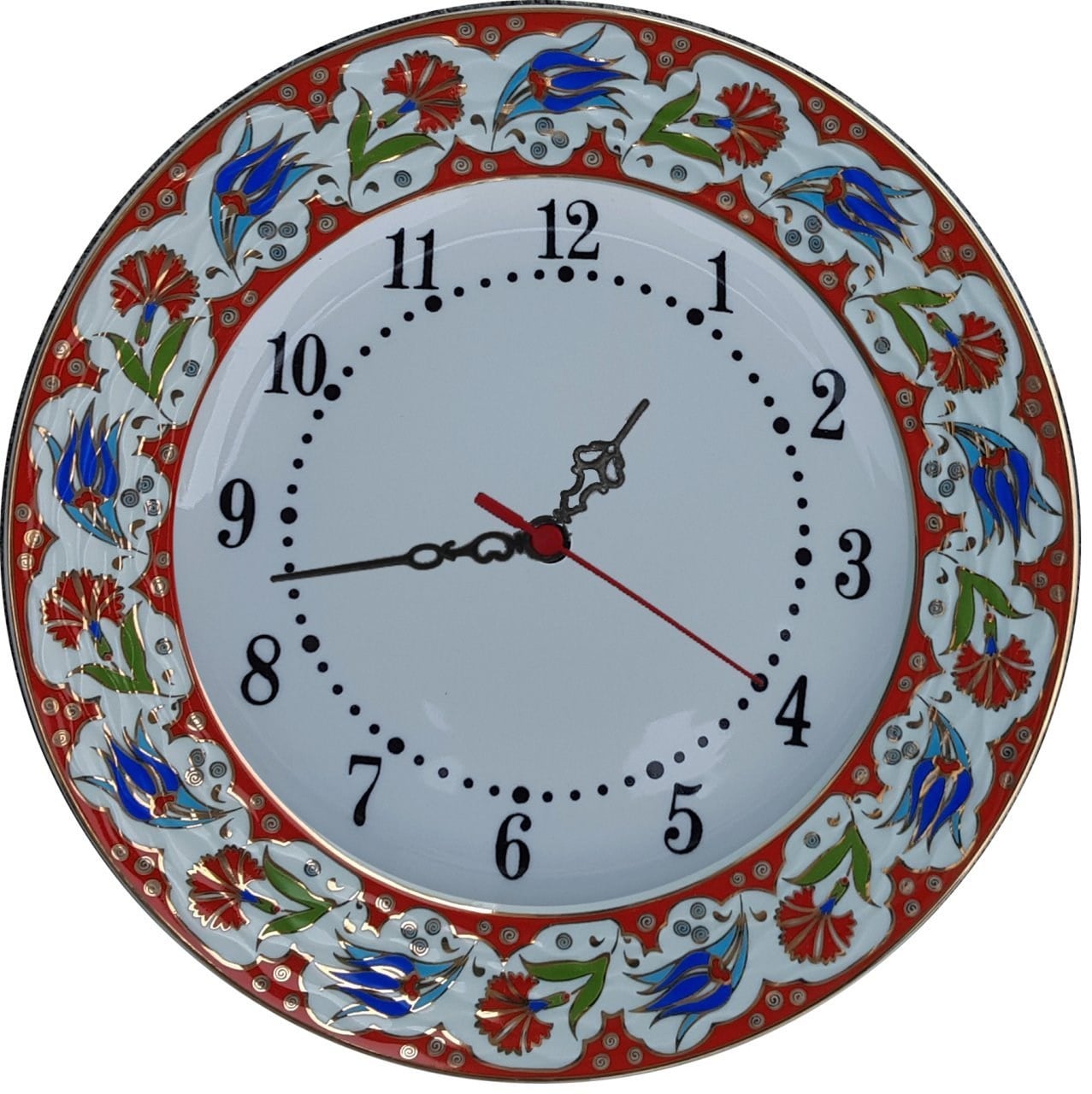 PRT 65 25 Cm Kırmızı Altın Yaldızlı Lale karanfil Desenli Porselen Çini saat
