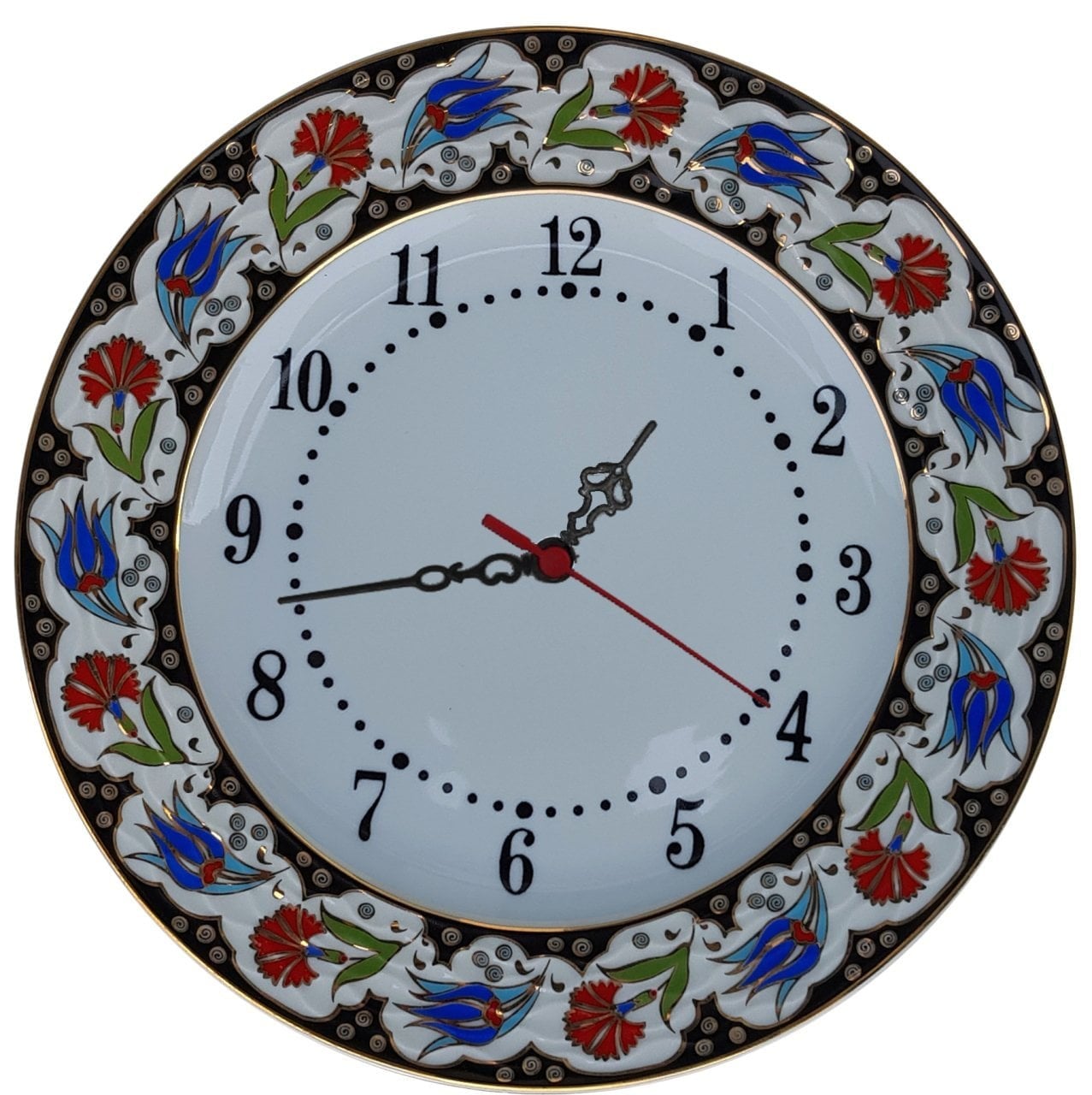 PRT 67 25 Cm Kırmızı Siyah Yaldızlı Lale karanfil Desenli Porselen Çini saat