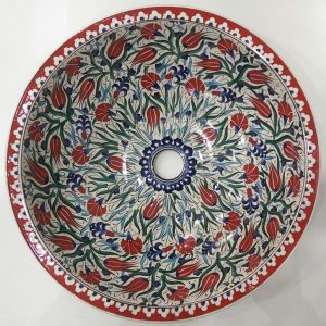 Lale Karanfil Desenli El Yapımı Tezgah Üstü Çini Lavabo