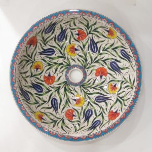 Renkli Lale Desenli Yeşil El Yapımı Tezgah Üstü Çini Lavabo